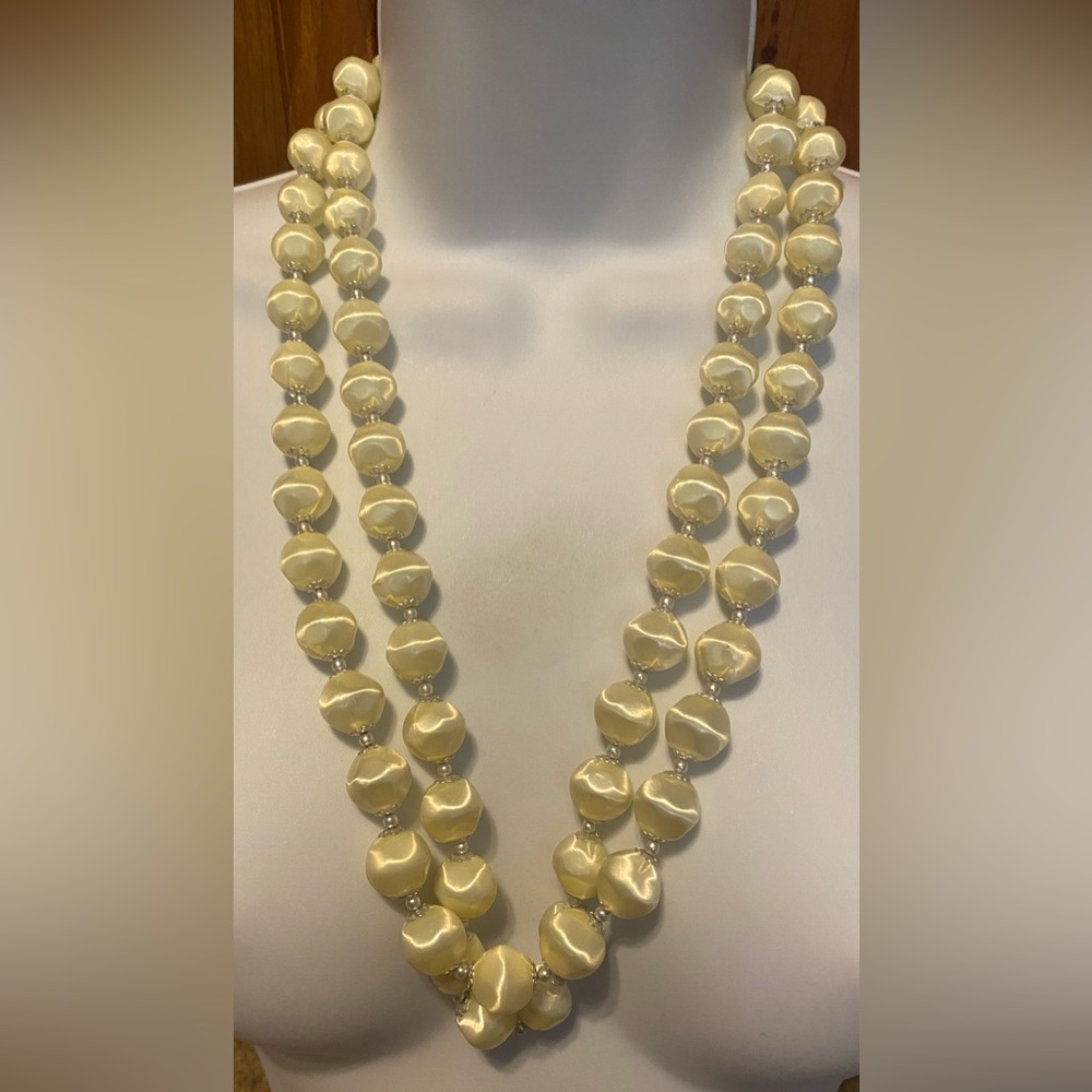 Vintage Japan Mid-Century Champagne Silk-Wrapped Beaded Necklace Mod Retro
